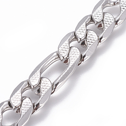 Stainless Steel Color Tarnish Resistant 304 Stainless Steel Figaro Chains, Unwelded, Textured, Stainless Steel Color, 9.5mm, Links: 18.7x9.5x2.5mm and 14x9.5x2.5mm