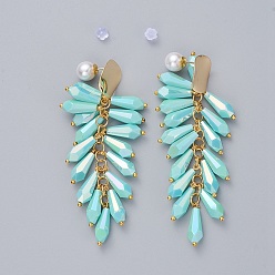 Turquoise Electroplate Glass Cluster Beads Stud Earrings, with Brass Stud Earring Findings, Acrylic Pearl & Plastic Ear Nuts, Earring Backs, Cardboard Boxes and Plastic Resealable Bags, Golden, Turquoise, 78mm, Pin: 0.7mm
