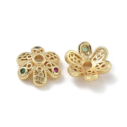 Золотой Латунные микро проложить кубического циркония Шапочки, долговечный, 6-лепестки, цветок, золотые, 10x3 мм, отверстие : 1.6 мм