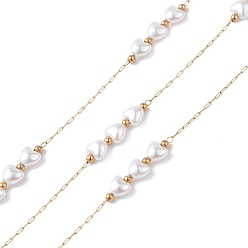 Golden 304 Stainless Steel Link Chains, with Plastic Imitation Pearl Heart Beads & Spool, Unwelded, Golden, 2~20x0.6~5x0.2~2mm