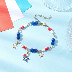 (52) Непрозрачная лаванда День независимости браслеты из натуральных крашеных желтых нефритовых круглых бусин и стеклянных бусин, браслеты с подвесками из эмалевого сплава со звездами для мужчин и женщин, разноцветные, 7-1/2 дюйм (19 см), звезды: 17.5x12x1.5 mm