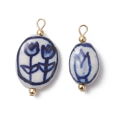 Темно-Синий Фарфора ручной работы подвески, синий и белый фарфор, овал с цветочными подвесками, темно-синий, 24~27.5x11~15.5x5.5~7 мм, отверстие : 2x3 мм