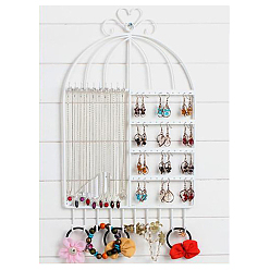 Белый Настенная железная витрина для ювелирных изделий в виде птичьей клетки, держатель-органайзер для ювелирных изделий для браслета, Ожерелье, хранение серег, белые, 44x26 см.