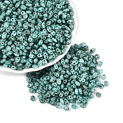 Dark Cyan Picasso Glass Seed Beads, Oval, 2-Hole, Dark Cyan, 5~6x3~4x2~3mm, Hole: 0.9~1.2mm, about 6425pcs/pound