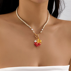 Красный Богемный кулон в виде цветка и сердца из цинкового сплава, круглые ожерелья из синтетических бусин говлита с застежкой-пряжкой для женщин., золотые, красные, 17.72 дюйм (45 см), Кулон : 50x25 мм