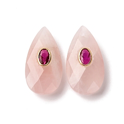 Розовый Кварц Природного розового кварца подвески, подвески в виде ограненных каплевидных камней с латунной микрофиброй из кубических цирконий, золотые, 25.5x13~13.5x6 мм, отверстие : 1 мм