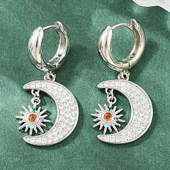 Platine Boucles d'oreilles créoles pendantes en laiton serties de micro-pavés de zirconiums cubiques, lune avec soleil, sans plomb et sans cadmium, crémaillère plaquage, plaqué longue durée, platine, 37x15mm