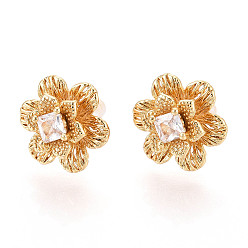 Настоящее золото 18K Серьги-гвоздики с прозрачным паве из латуни с кубическим цирконием, цветок, без никеля , реальный 18 k позолоченный, 13.5x14.5 мм
