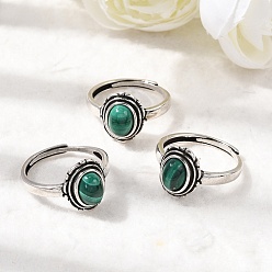 Малахит Натуральные малахитовые пальцевые кольца, овальные, медные кольца, античное серебро, 13 мм, внутренний диаметр: 17~18 мм