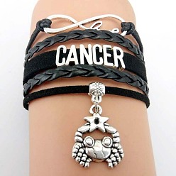 Рак 12 браслеты из искусственной кожи с несколькими рядами созвездий, браслеты с подвесками из сплава для мужчин и женщин, рак, периметр: 7-1/8 дюйм(18см)