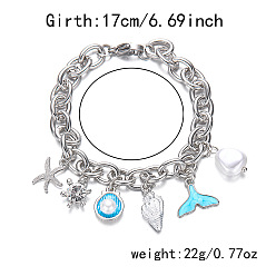 Платина Браслеты в пляжном стиле из сплава с эмалью и пластиковыми жемчужинами, браслеты из сплава и цепи для женщин, форма ракушки, морская звезда и рыбий хвост, платина, 6.69 дюйм (17 см)