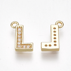 Letter L Brass Cubic Zirconia Charms, Letter, Clear, Real 18K Gold Plated, Letter.L, 10x7x1.5mm, Hole: 1mm