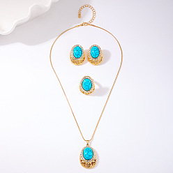 Золотой Овальные синтетические бирюзовые подвески, серьги-гвоздики и комплекты колец, сплав ювелирных изделий, золотые, ожерелья: 18.11 дюйм(460мм); кольцо: 17мм внутренний диаметр серьги: 30x23мм