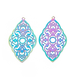 Rainbow Color 304 подвески из нержавеющей стали, гравированные металлические украшения, ромб с цветочной подвеской, Радуга цветов, 42.5x24x0.3 мм, отверстие : 1.6 мм