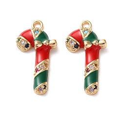 Candy Cane Латунные микро проложить кубического циркония подвески, Новогодняя тема, реальный 18 k позолоченный, с эмалью, шоколадная конфета, 19.5x10x3 мм, отверстие : 1.4 мм