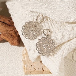 Flower Brass Hoop Dangle Earrings, Platinum, Flower, 38mm