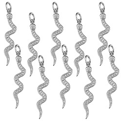 Real Platinum Plated 10Pcs Brass Micro Pave Cubic Zirconia Pendants, Long-Lasting Plated, Snake, Lead Free & Nickel Free & Cadmium Free, Clear, Real Platinum Plated, 29x6x2mm, Hole: 3mm