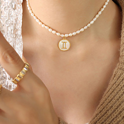 Близнецы 304 подвеска в виде созвездия из натуральной белой ракушки из нержавеющей стали, ожерелья из натурального пресноводного жемчуга с рисовыми бусинами для женщин, золотые, золотые, Близнецы, 14.57 дюйм (37 см)