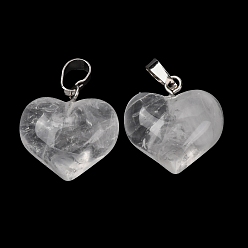 Хрусталь Природного кварца хрустальных подвесок, Подвески в форме сердца из горного хрусталя с латунными застежками-карабинами, платина, 17x17.5x11 мм, отверстие : 6.5x4 мм