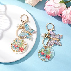 Light Gold 2шт. брелки из сплава, бабочка, с подвесками из акрилового жемчуга, подвесками из прозрачной эпоксидной смолы, подвесками из прозрачного акрила и 304 соединительными кольцами из нержавеющей стали, золотой свет, 105 мм