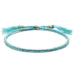 Cyan Cotton Cord Braided Adjustable Bracelets, with Brass Bead, for Men and Women, Cyan, Inner Diameter: 2-3/8 inch(6cm)