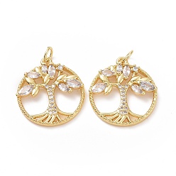 Золотой Латуни циркония кубической подвески, без кадмия и без свинца, плоская круглая с подвесками дерево жизни, с целью перехода в кольце, золотые, 21.5x19x3 мм, отверстие : 3.5 мм