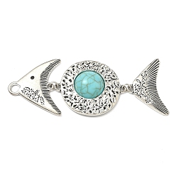 Античное Серебро Тибетский сплав стиля большие кулоны, рыбы прелести, с синтетическими бирюзовый, античное серебро, 95x36x8.5 мм, отверстие : 5 мм