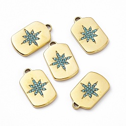 Aquamarine Vacuum Plating 201 Stainless Steel Pendants, with Rhinestone, Real 18K Gold Plated, Oval Rectangle with Star Charms, Aquamarine, 20.5x12.5x2mm, Hole: 1.4mm