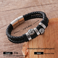 Barrel Bracelet vintage en acier inoxydable tressé et cuir PU pour homme, avec fermoir magnétique, couleur inox, baril, diamètre intérieur: 304 pouce (2.76 cm)