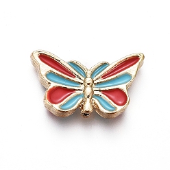 Farbig Imitation Cloisonne Perlen, Leicht vergoldete Legierungsperlen, mit Emaille, Schmetterling, himmelblau & rot, 10x17x3 mm, Bohrung: 0.8 mm