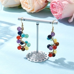 Разноцветный Спиральные серьги-подвески из смешанных натуральных и синтетических камней, с цельными круглыми латунными бусинами и латунными крючками для сережек, семь чакр очарование, золотые, красочный, 59.5x19 мм