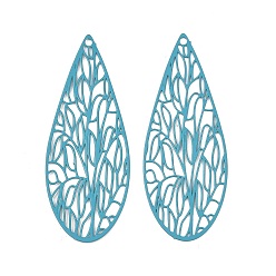 Темно-бирюзовый 430 подвеска из нержавеющей стали, окрашенная распылением, очарование слезы, гравированные металлические украшения, темные бирюзовый, 45x18x0.5 мм, отверстие : 1.5 мм