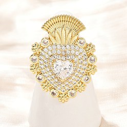 Настоящее золото 18K Латунные кольца из манжеты с прозрачным цирконием, без кадмия и без свинца, сердце, реальный 18 k позолоченный, 33.5x24.5 мм