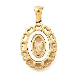 Letter V Золотые подвески 304 из нержавеющей стали, с оболочкой, полый овал с сердцем, Буква V, 23x16.5x2 мм, отверстие : 5.5x3 мм