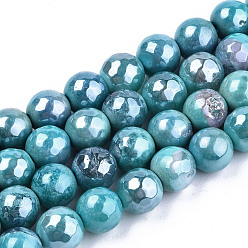 Turquoise Electroplate Natural Agate Beads Strands, Dyed, Faceted, Pearl Luster Plated, Round, Turquoise, 8.5x7~8mm, Hole: 1.2mm, about 47~48pcs/strand, 13.78 inch~13.98 inch(35cm~35.5cm)