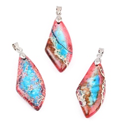 Красный Кулоны из натуральной императорской яшмы, с петлями из платиновой латуни, ромб, окрашенные, красные, 40.8x15.1x5.8 мм, отверстие : 5x4 мм