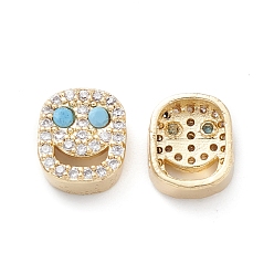 Sky Blue Brass Micro Pave Cubic Zirconia Beads, Lead Free & Cadmium Free, Long-Lasting Plated, Real 18K Gold Plated, Oval with Smiling Face, Sky Blue, 9x8x4mm, Hole: 1mm
