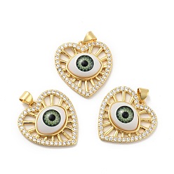 Желто-Зеленый Сердце с глазом латунные подвески из прозрачного кубического циркония с микропаве, с полимерным глазным яблоком, без кадмия, без никеля и без свинца, реальный 18 k позолоченный, желто-зеленый, 23.5x23x6.5 мм, отверстие : 3.5x4.7 мм