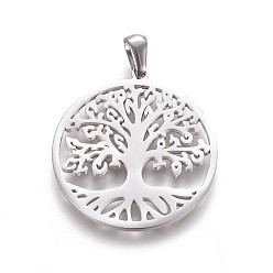 Stainless Steel Color 304 Stainless Steel Pendants, Flat Round with Tree of Life, Stainless Steel Color, 30x27.5x1.2mm, Hole: 3x5.5mm