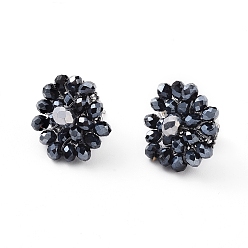 Black Stud Earrings, with Glass Beads and 304 Stainless Steel Stud Earring Findings, Flower, Black, 20~21mm, Pin: 0.8mm