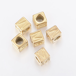 Golden 304 Stainless Steel Large Hole Letter European Beads, Horizontal Hole, Cube with Letter.M, Golden, 8x8x8mm, Hole: 5mm