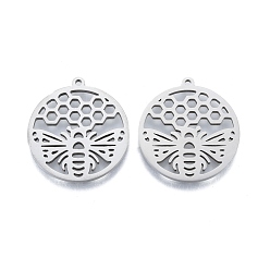 Нержавеющая Сталь Цвет Не тускнеет 201 подвеска из нержавеющей стали, полые прелести, плоские круглые с пчелой, цвет нержавеющей стали, 27x25x1.5 мм, отверстие : 1.4 мм