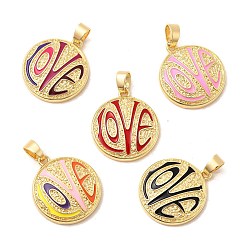 (52) Непрозрачная лаванда Латунь эмаль подвески, плоские круглые прелести, без свинца и без кадмия, долговечный, стойки покрытие, реальный 18 k позолоченный, разноцветные, 22.5x20x4.5 мм, отверстие : 3.5x6 мм