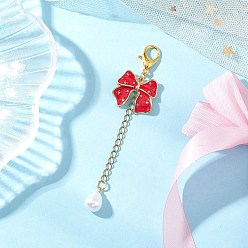 Красный Подвесные украшения из эмалевого сплава с бантом и АБС-пластика с имитацией жемчуга, с цинковым сплавом застежками омаров коготь, красные, 85 мм