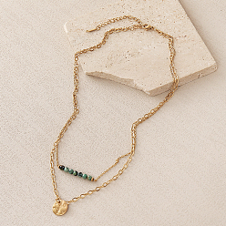 Turquoise Africaine 304 Colliers double couche avec pendentif pièce de monnaie texturé en acier inoxydable, Colliers ronds à facettes en turquoise (jaspe) naturelle africaine pour femmes, réel 18 k plaqué or, 15.75 pouce (40 cm)