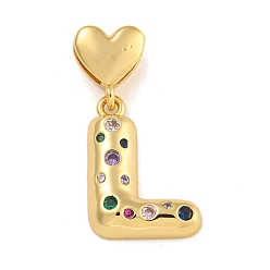 Letter L Латунные микро-паве красочные кубические циркониевые подвески, подвески в виде сердечек, реальный 18 k позолоченный, Письмо L, 30.5 мм, отверстие : 6x3 мм, Кулон : 21x16x4 мм