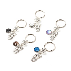 Antique Silver & Platinum Tibetan Style Alloy Pendants Keychain, with Tibetan Style Alloy Link Connerctors, Resin Pendants, Iron Split Key Rings, Mermaid & Shell, Antique Silver & Platinum, 6.8cm