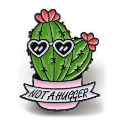 Green Cactus with Word Not A Hugger Enamel Pins, Electrophoresis Black Alloy Brooch, Green, 27.5x21.5x1.5mm