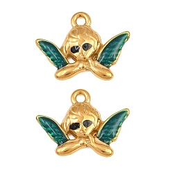 Green 304 Stainless Steel Enamel Pendants, Angel Charms, Ion Plating(IP), Real 18K Gold Plated, Green, 15.5x20.5x3mm, Hole: 1.8mm