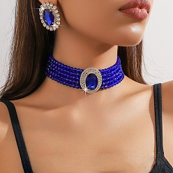 Синий Овальный комплект из латунных, стеклянных и пластиковых бусин с цепочкой-ошейником и серег-гвоздиков, синие, 280 мм